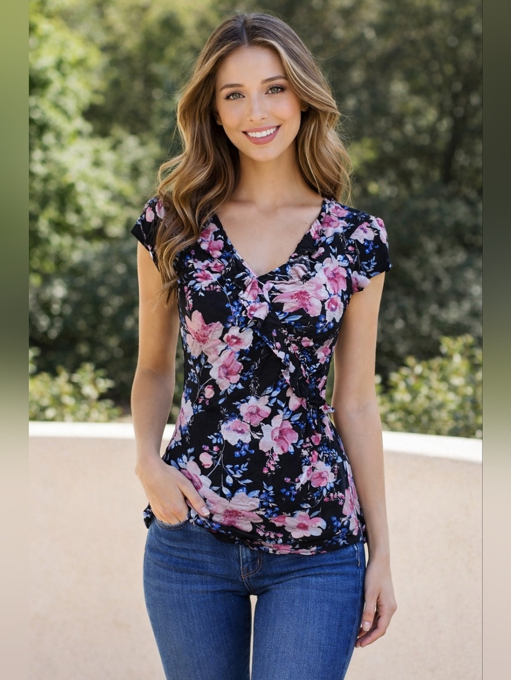 Candie’s Floral Wrap Front Top Women’s Size Large Black Pink Blue Short Sleeve S